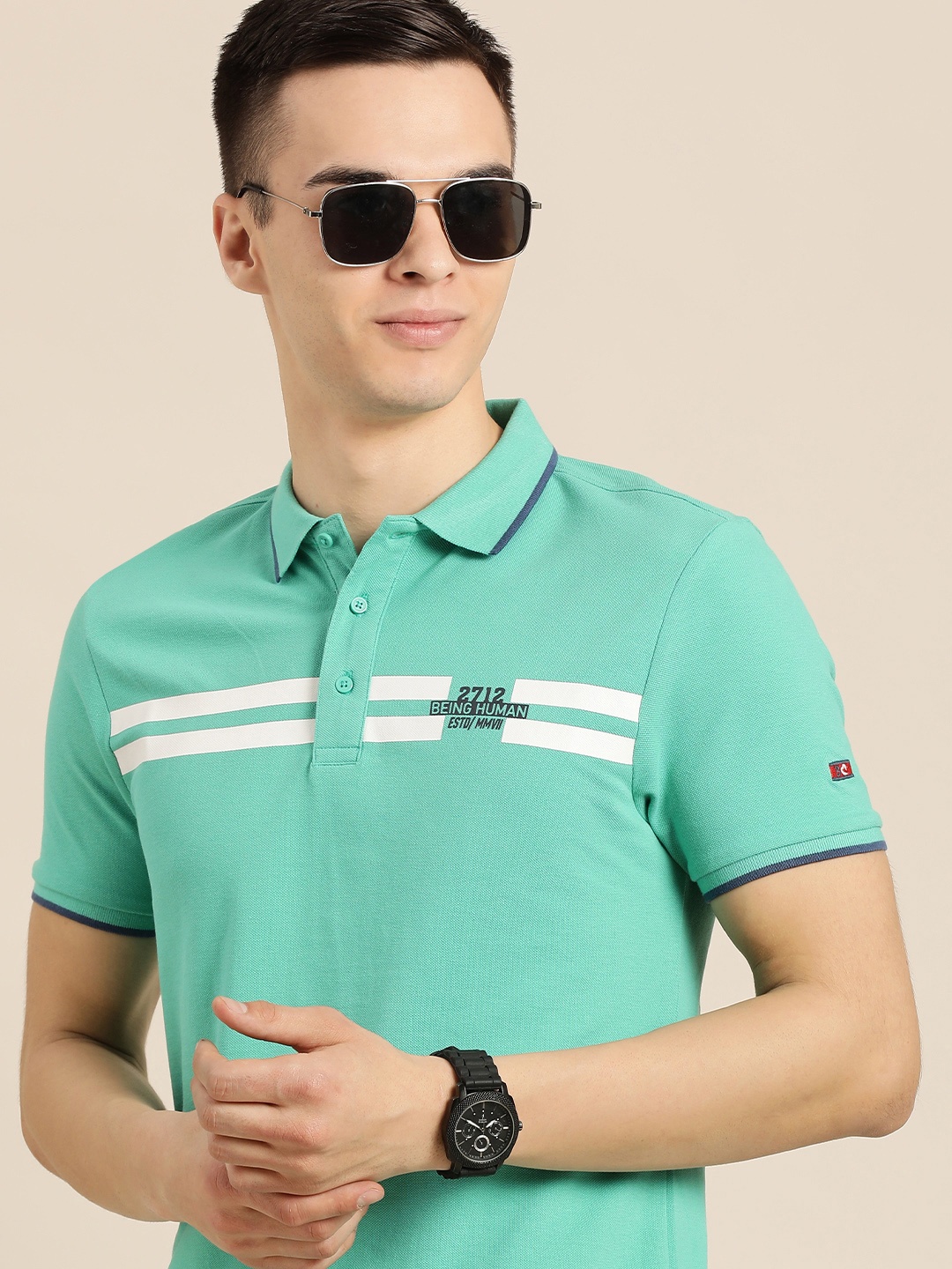

Being Human Men Green Striped Polo Collar Pure Cotton T-shirt