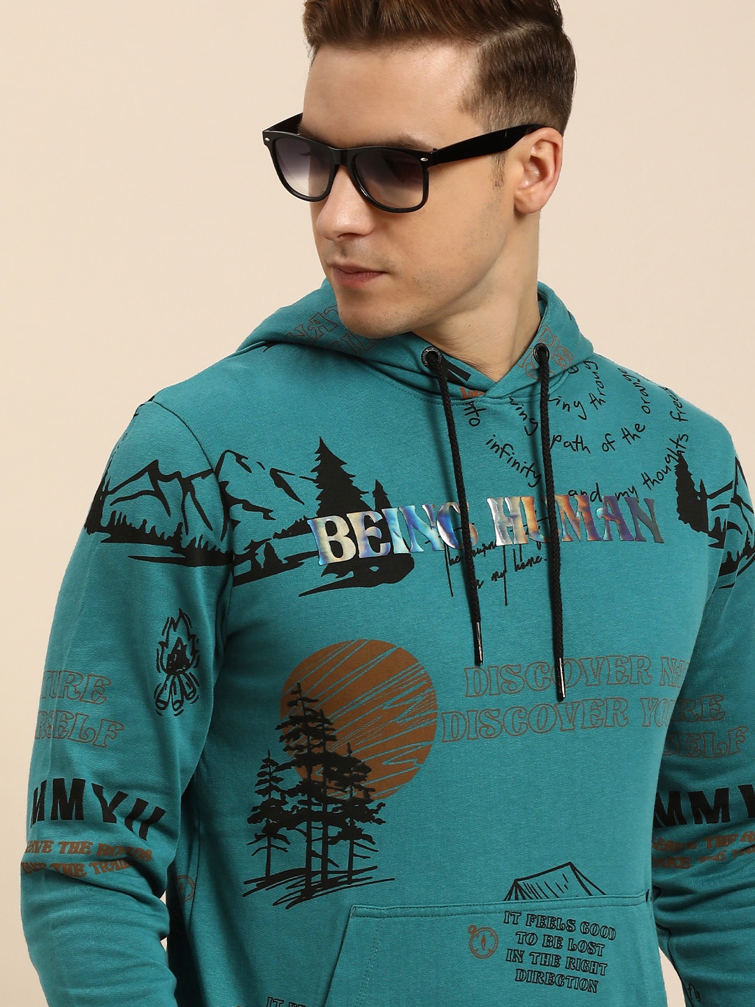 

Being Human Men Graphic Printed Pure Cotton Hooded Sweatshirt, Teal
