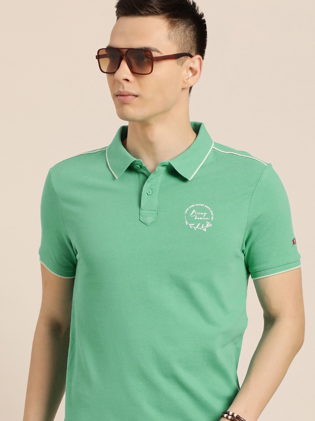

Being Human Men Sea Green Polo Collar Pure Cotton Slim Fit T-shirt With Brand Logo Print