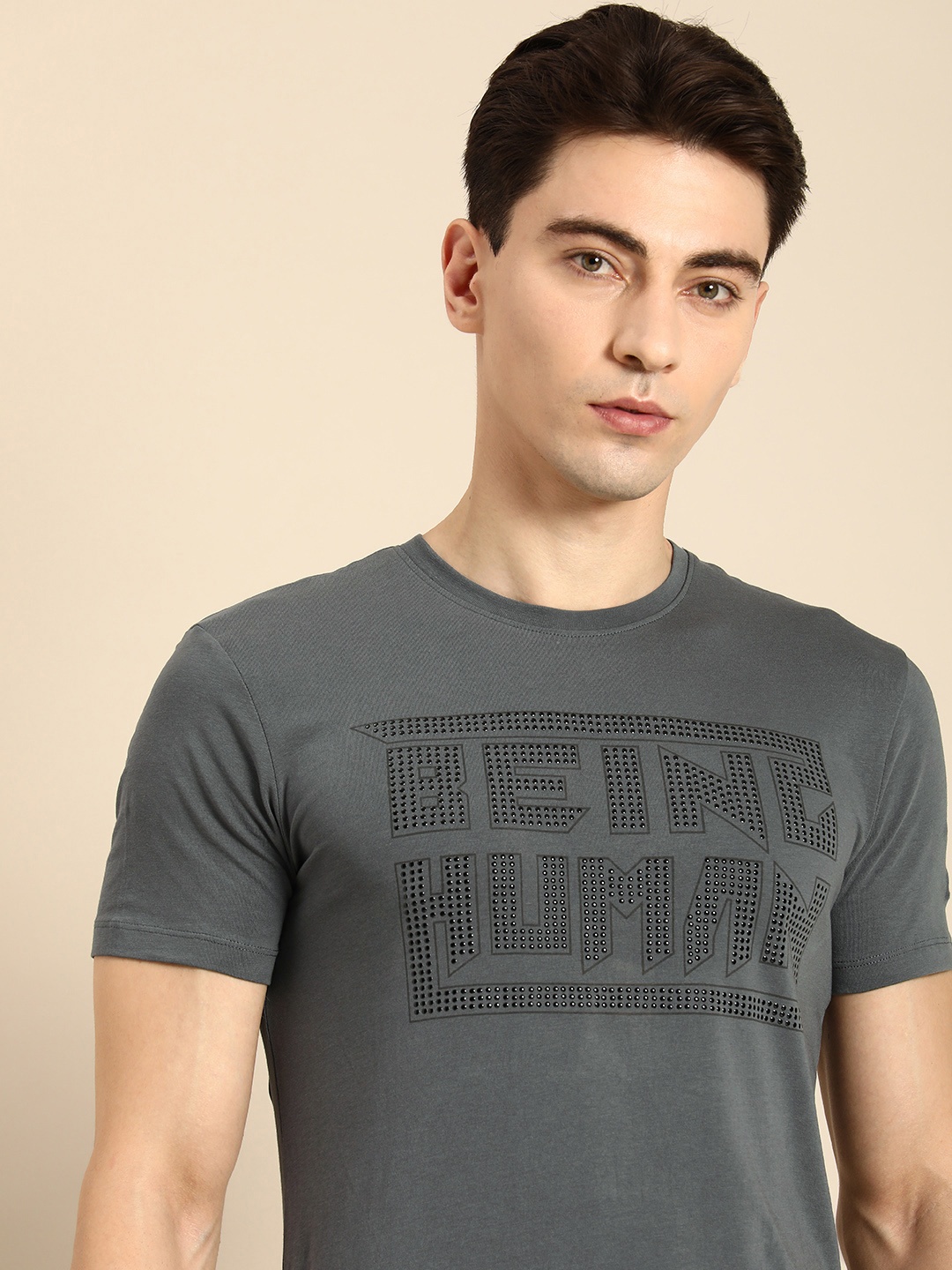 

Being Human Men Brand Logo Print With Embellishment T-shirt, Grey