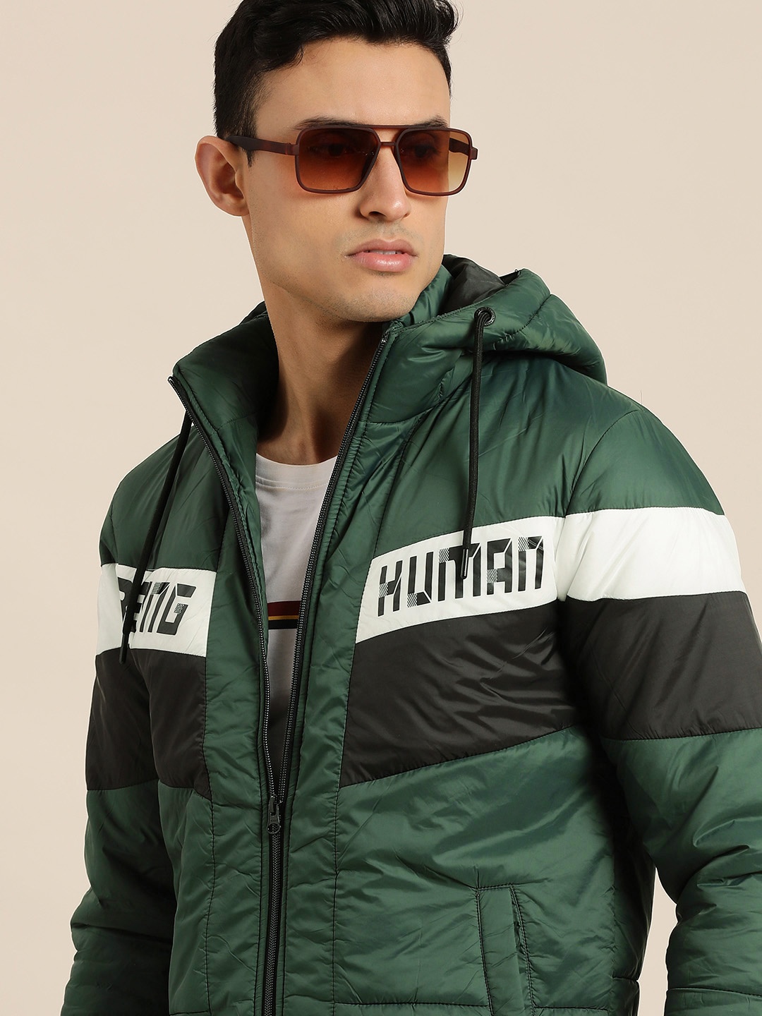 

Being Human Men Dark Green Striped Hooded Padded Jacket with Brand Logo Detail