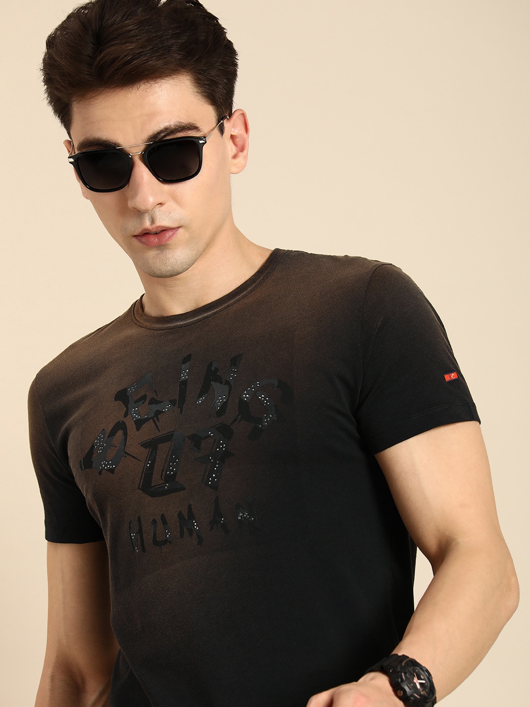 

Being Human Clothing Men Brand Logo Printed Pure Cotton T-shirt, Brown