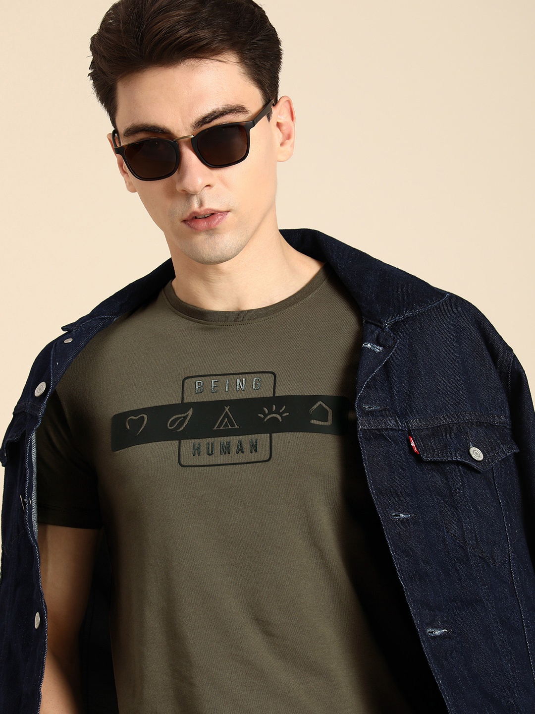 

Being Human Clothing Men Brand Logo Printed Round Neck T-shirt, Olive