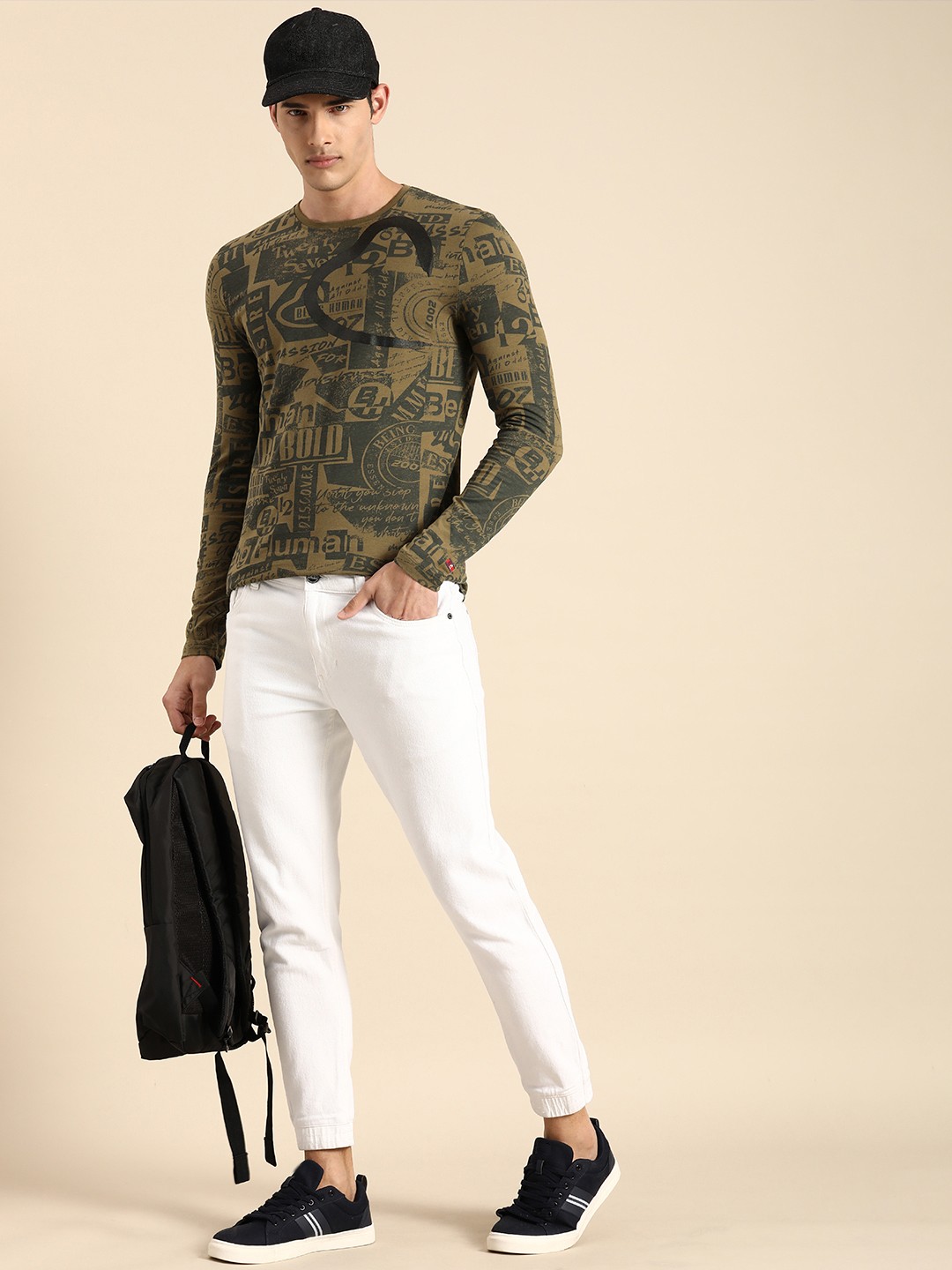 

Being Human Clothing Men Pure Cotton Typography Printed Applique T-shirt, Olive