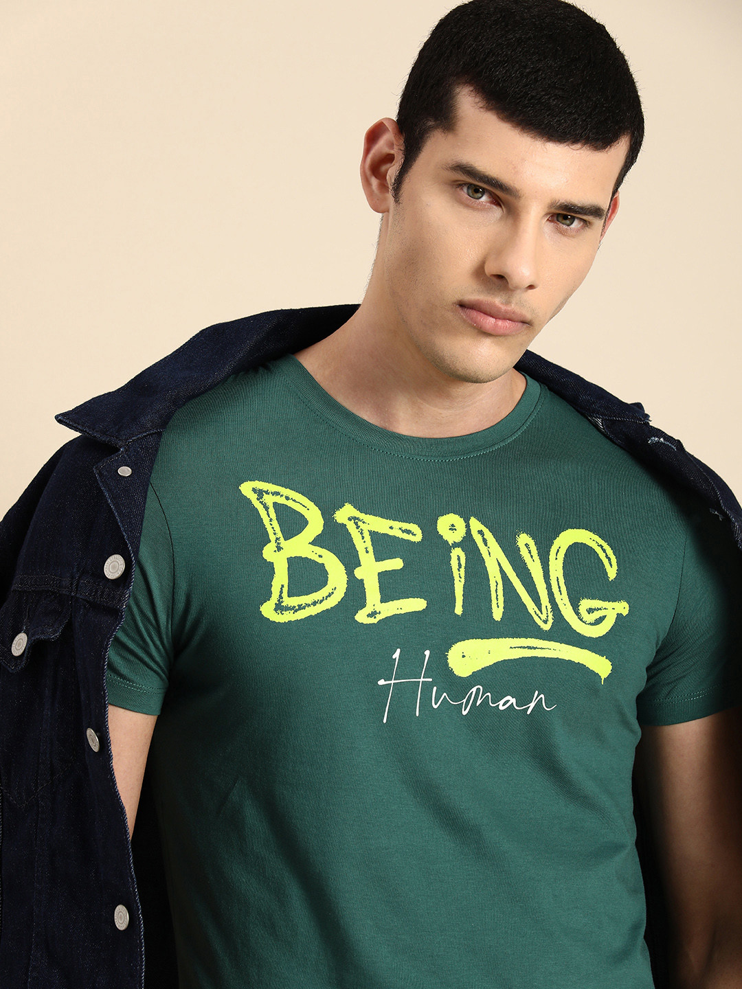 

Being Human Men Brand Logo Printed Pure Cotton T-shirt, Green