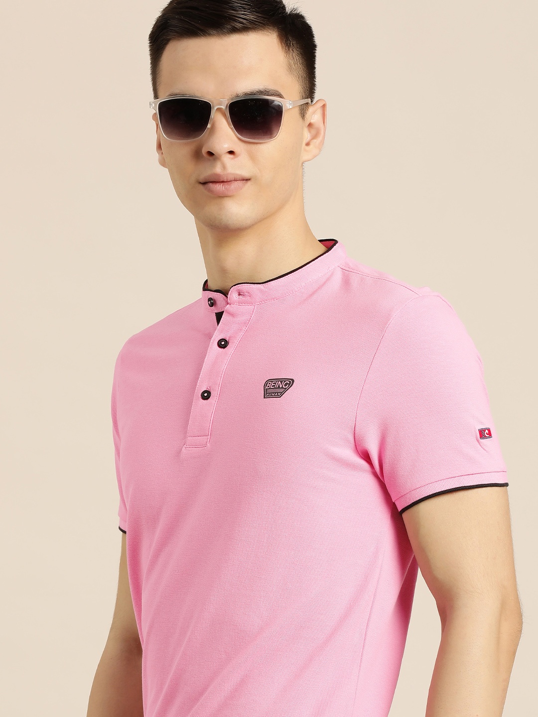 

Being Human Men Pink Mandarin Collar Pure Cotton T-shirt