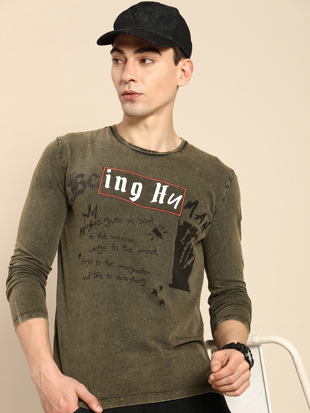 

Being Human Clothing Men Pure Cotton Brand Logo Printed T-shirt, Olive