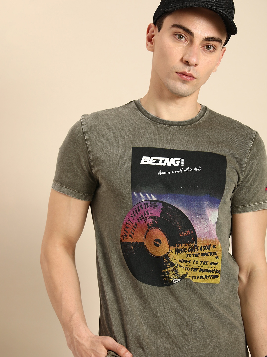 

Being Human Men Graphic Printed Pure Cotton T-shirt, Olive