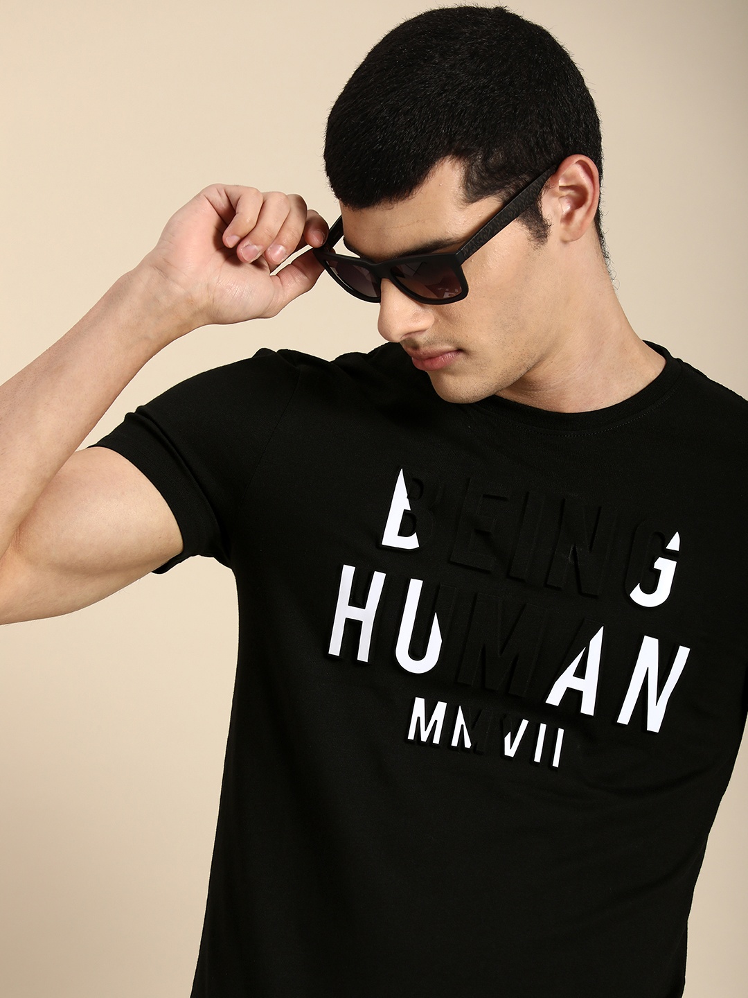 

Being Human Men Brand Logo Embossed Pure Cotton T-shirt, Black