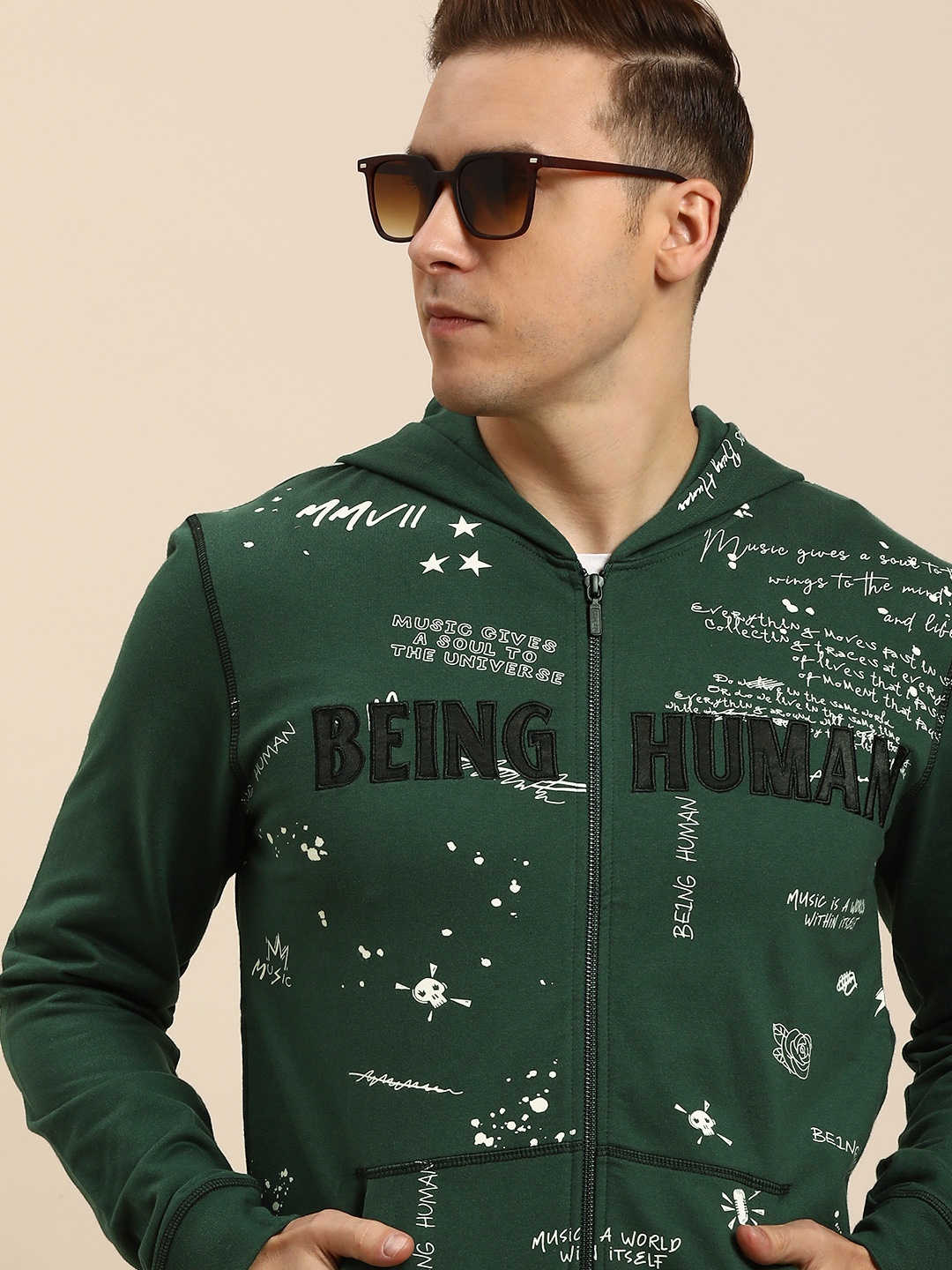 

Being Human Men Graphic Printed Hooded Front-Open Sweatshirt, Teal