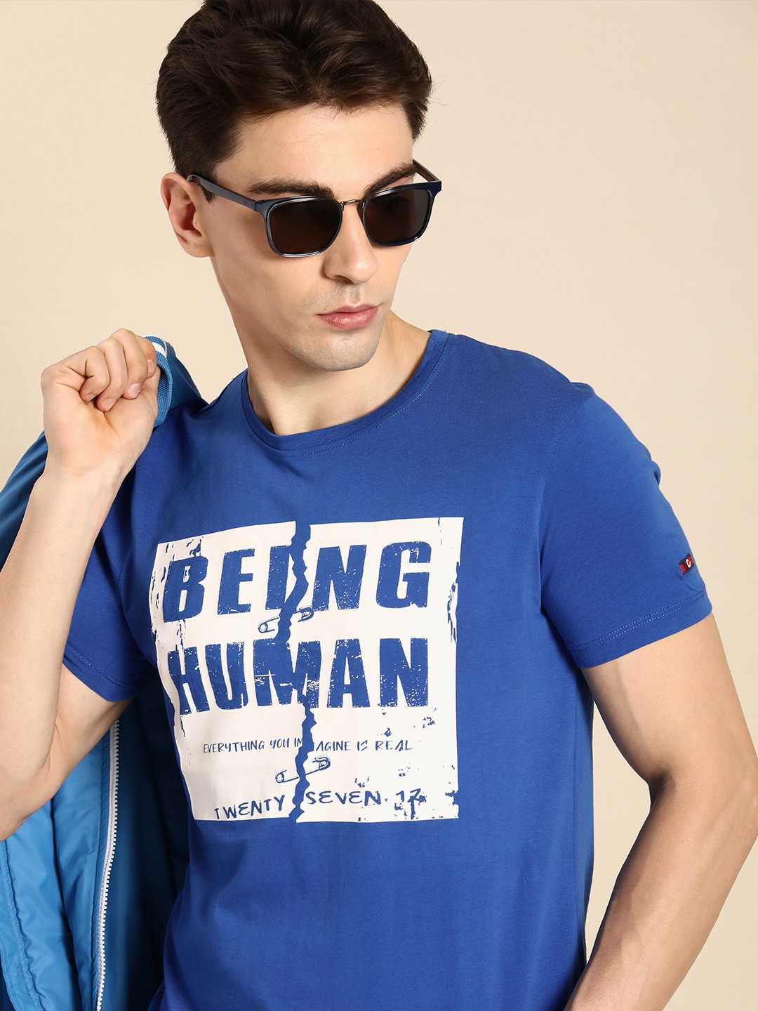 

Being Human Men Brand Logo Printed Pure Cotton T-shirt, Blue