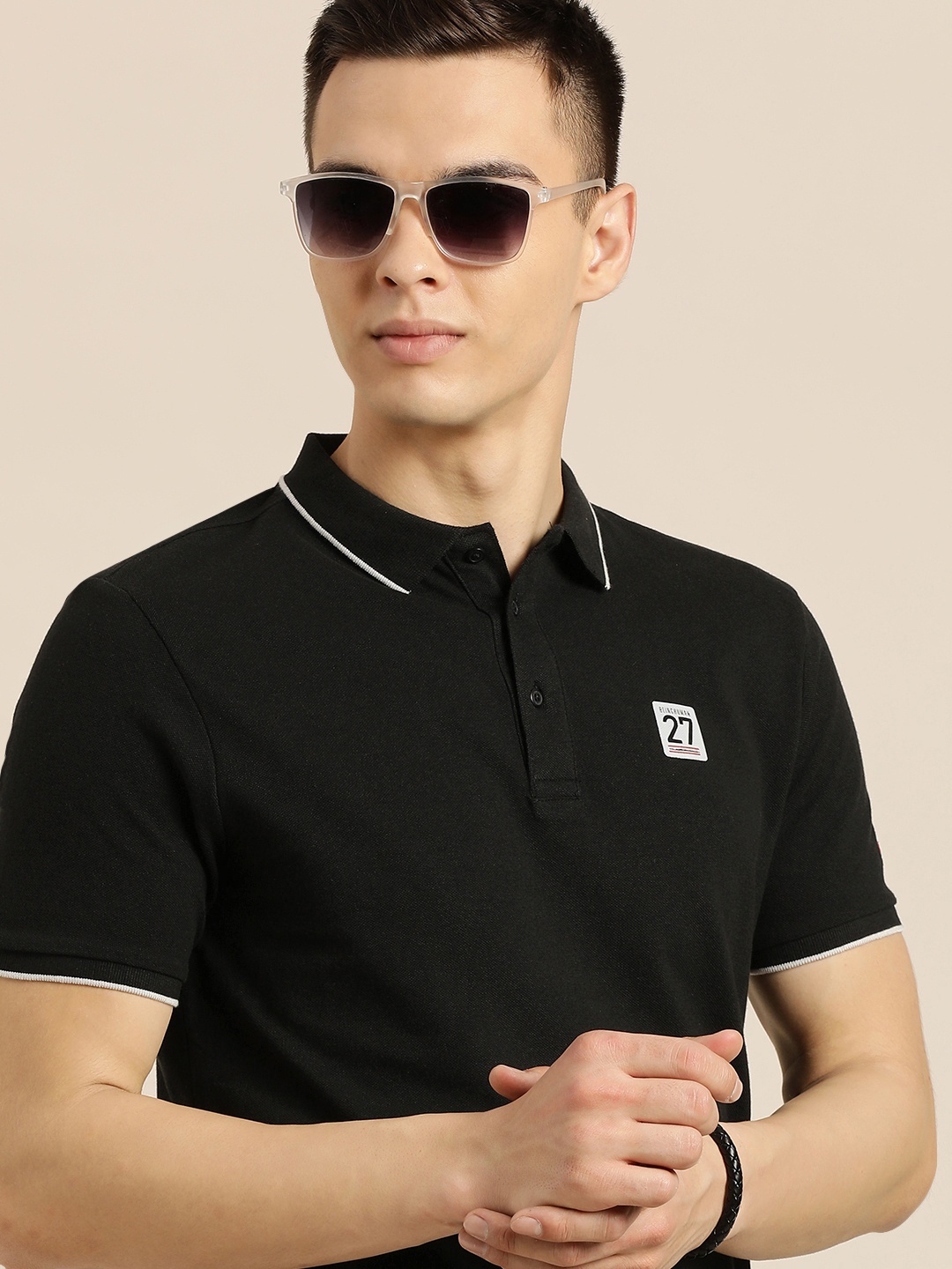 

Being Human Men Black Solid Polo Collar Pure Cotton Slim Fit T-shirt With Brand Logo Print