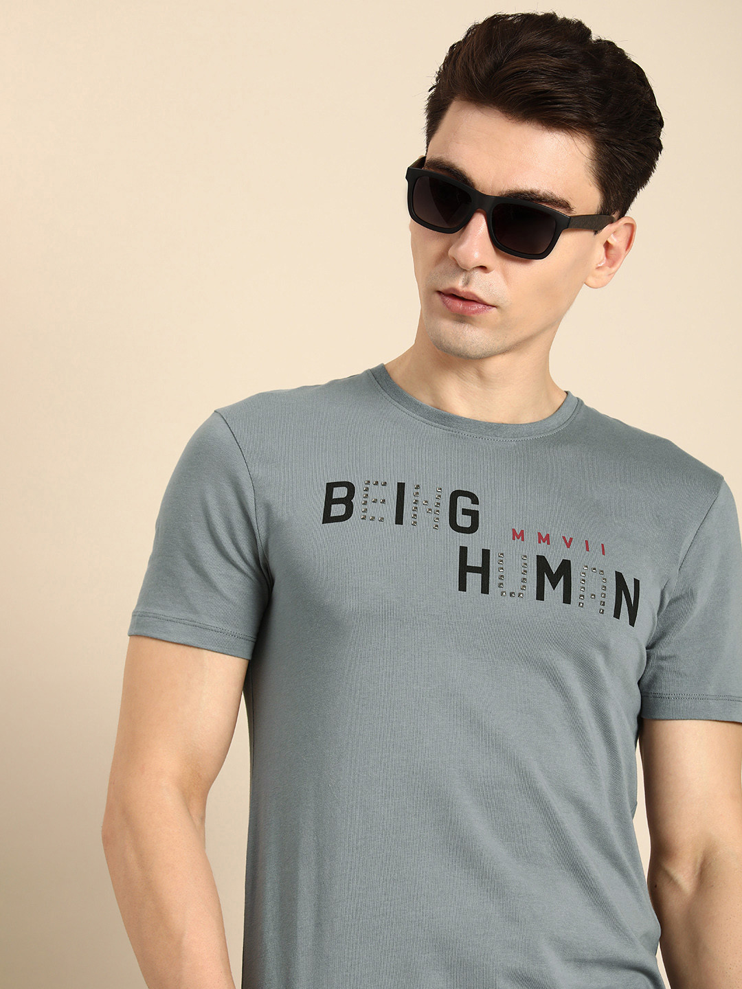 

Being Human Clothing Men Brand Logo Printed Round Neck T-shirt, Grey