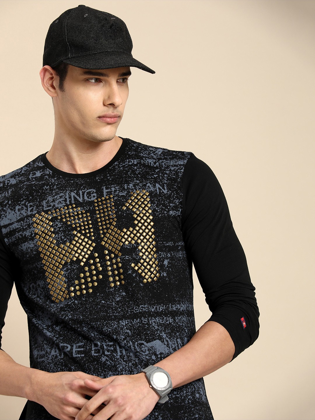 

Being Human Men Typography Print With With Embellishment Pure Cotton T-shirt, Black