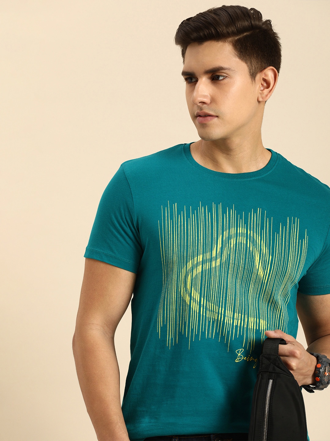 Being Human Men Brand Logo Printed Pure Cotton T-shirt, Teal