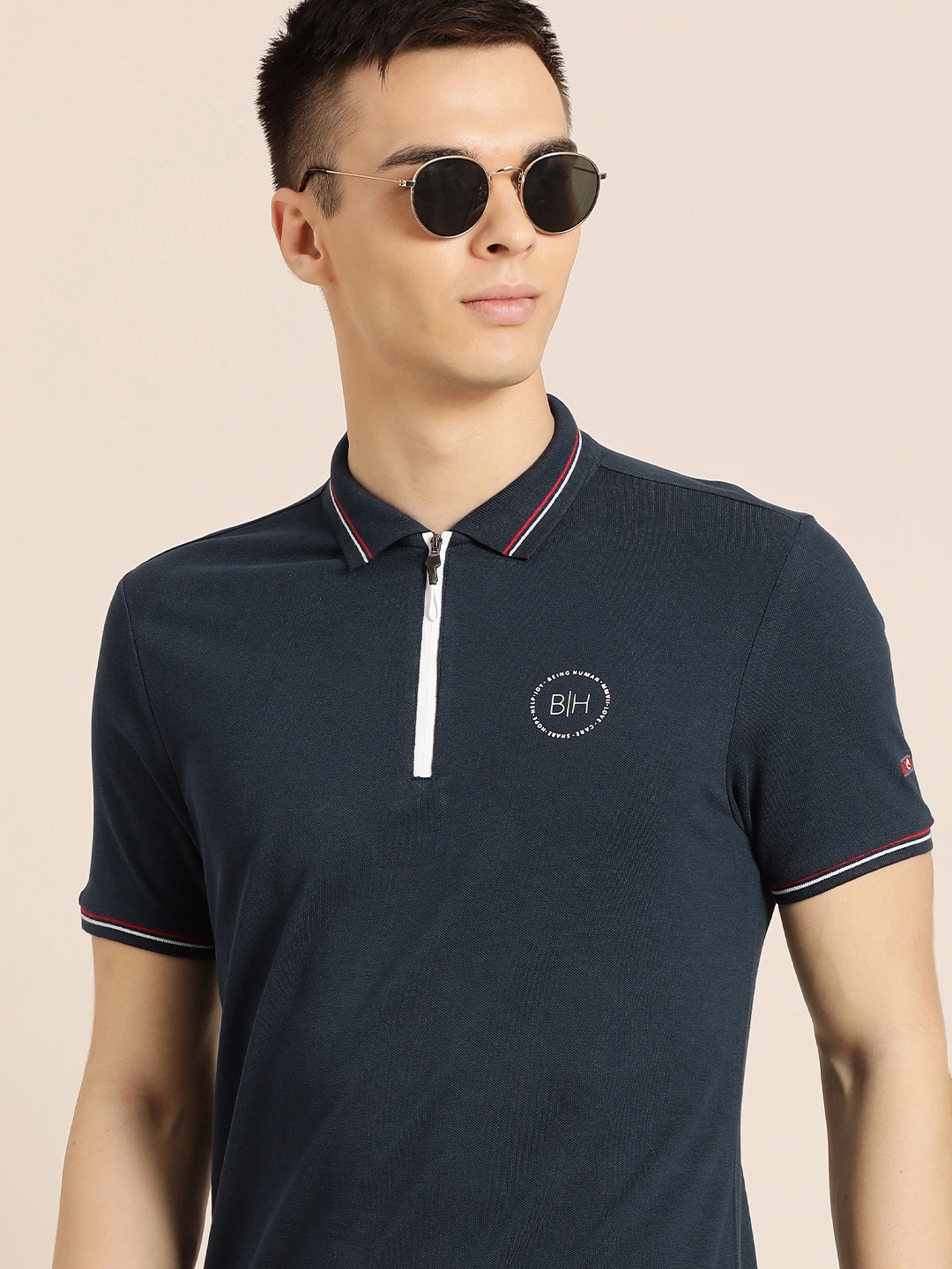 

Being Human Men Navy Blue Polo Collar Pure Cotton Slim Fit T-shirt With Brand Logo Print