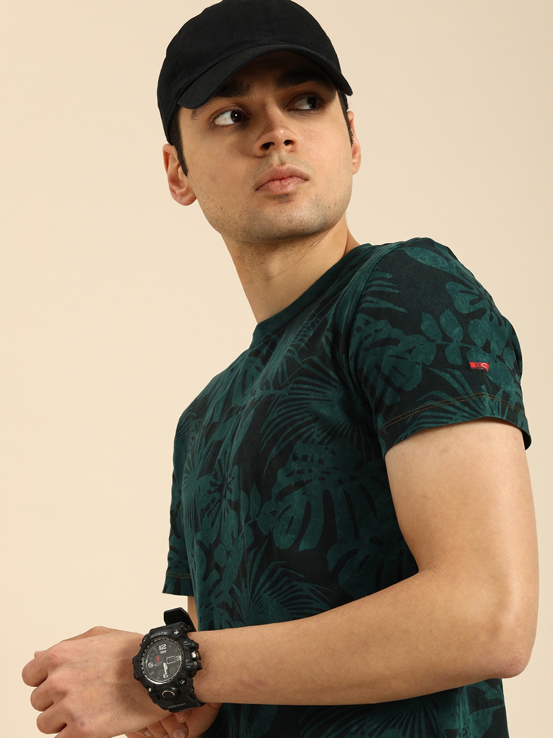 Being Human Men Tropical Print Pure Cotton T-shirt, Green