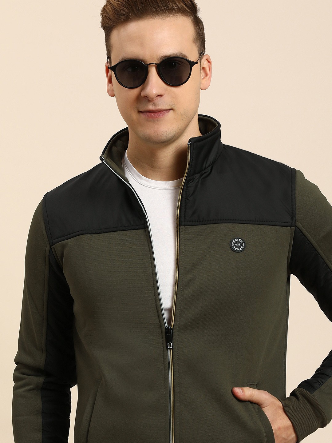 

Being Human Men Colourblocked Mock-Collar Front-Open Sweatshirt, Olive