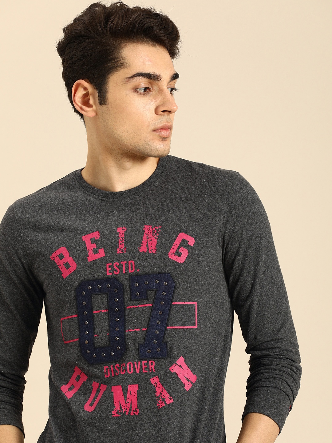 

Being Human Clothing Men Brand Logo Printed T-shirt, Charcoal