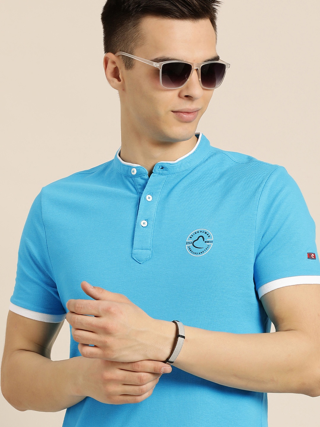 

Being Human Men Blue Mandarin Collar Pure Cotton Slim Fit T-shirt With Brand Logo Print