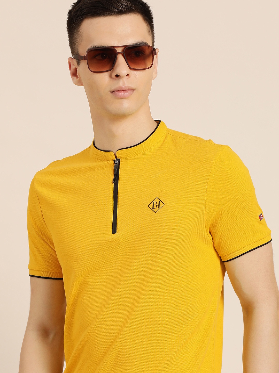 

Being Human Men Yellow Mandarin Collar Pure Cotton Slim Fit T-shirt With Brand Logo Print
