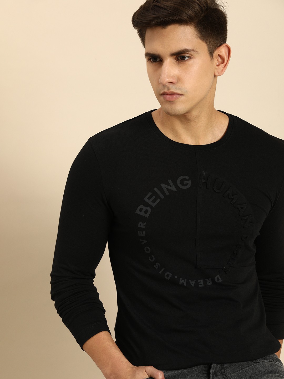 

Being Human Clothing Men Pure Cotton Typography Printed Round Neck T-shirt, Black