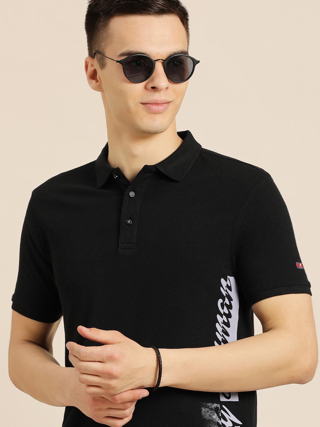 

Being Human Men Black Brand Logo Printed Polo Collar Pure Cotton T-shirt
