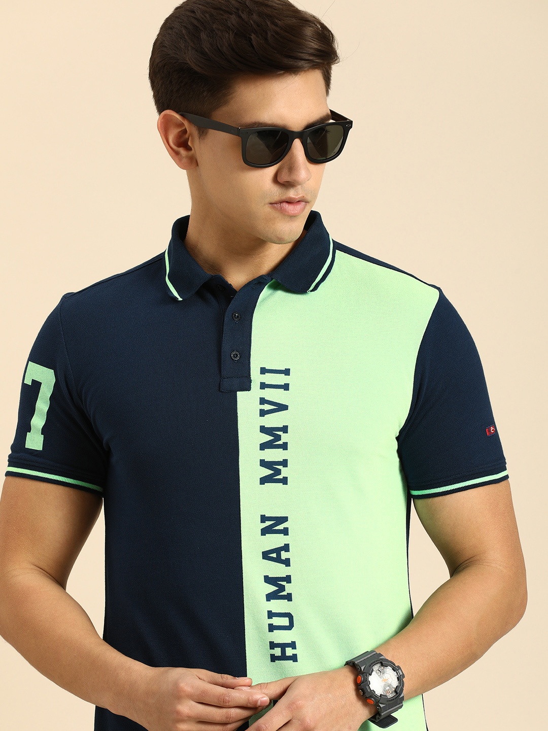 

Being Human Clothing Men Pure Cotton Colourblocked Polo Collar T-shirt, Navy blue