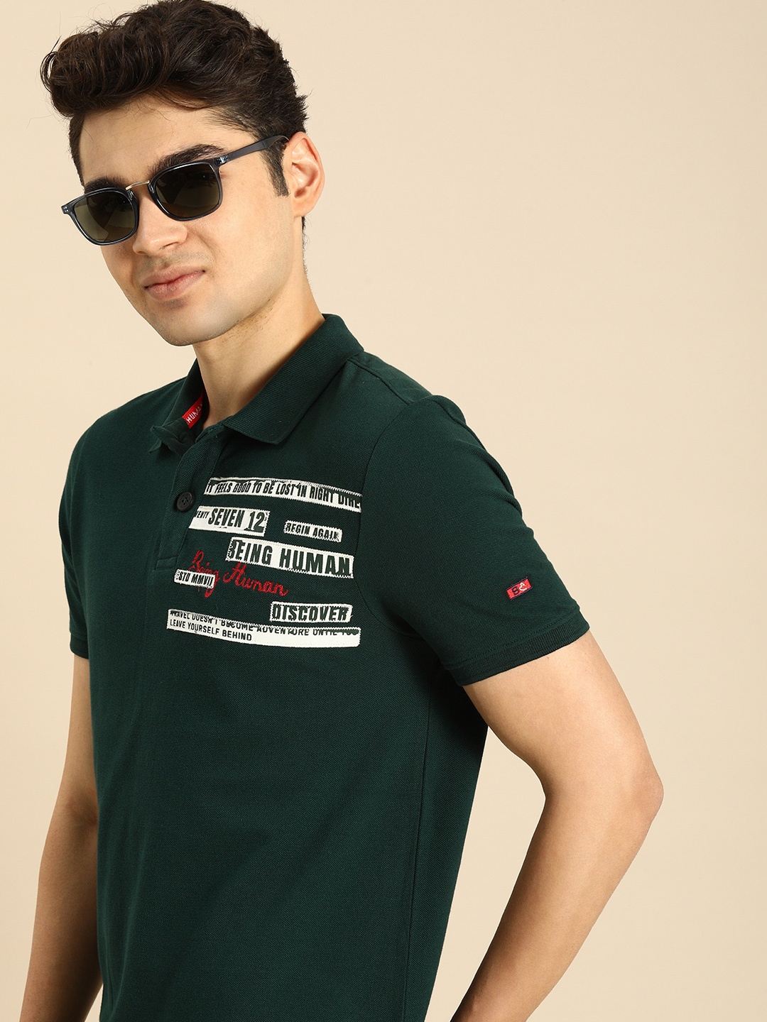 

Being Human Men Brand Logo Printed Polo Collar Pure Cotton T-shirt, Green