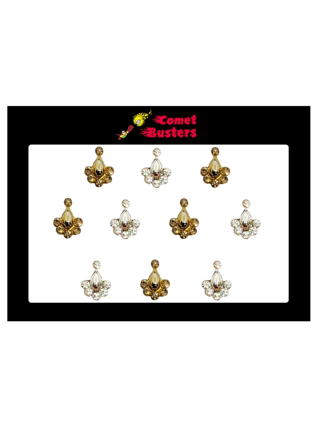 

Comet Busters 10 Pcs Embellished Reusable Designer Bindis - Gold-Toned