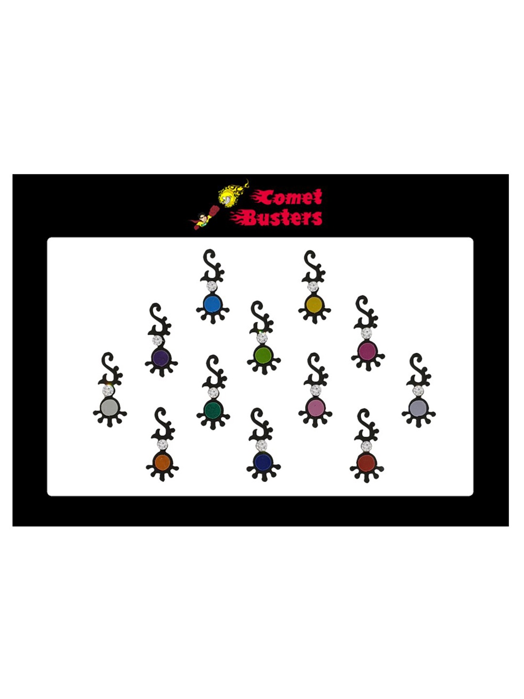 Comet Busters 12 Pcs Embellished Reusable Designer Bindis - Multicoloured, Multi