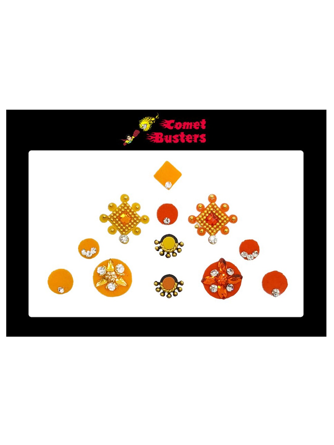

Comet Busters 12 Pcs Embellished Reusable Designer Bindis - Yellow & Orange