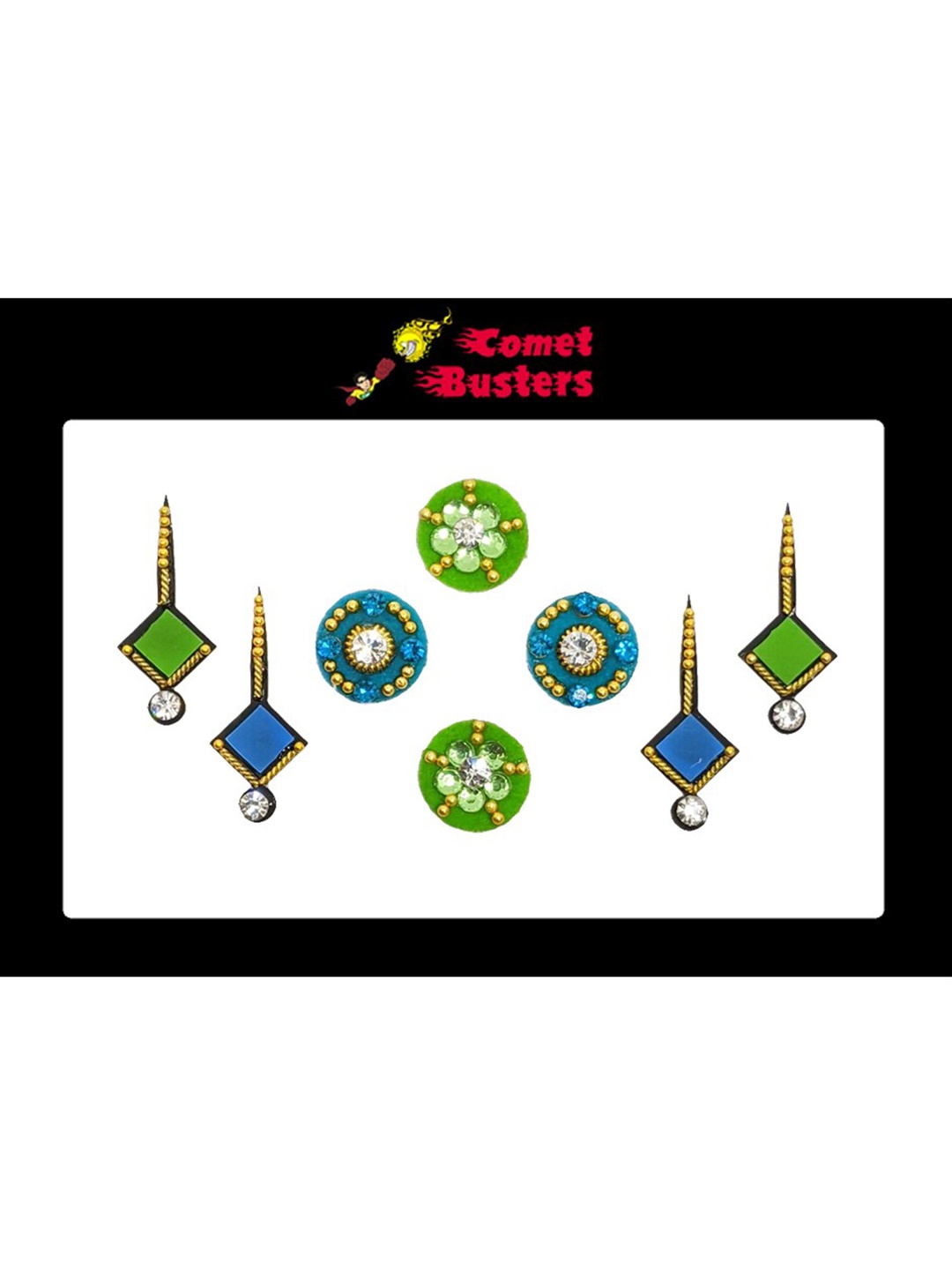 

Comet Busters 8 Pcs Embellished Reusable Designer Bindis - Green & Blue