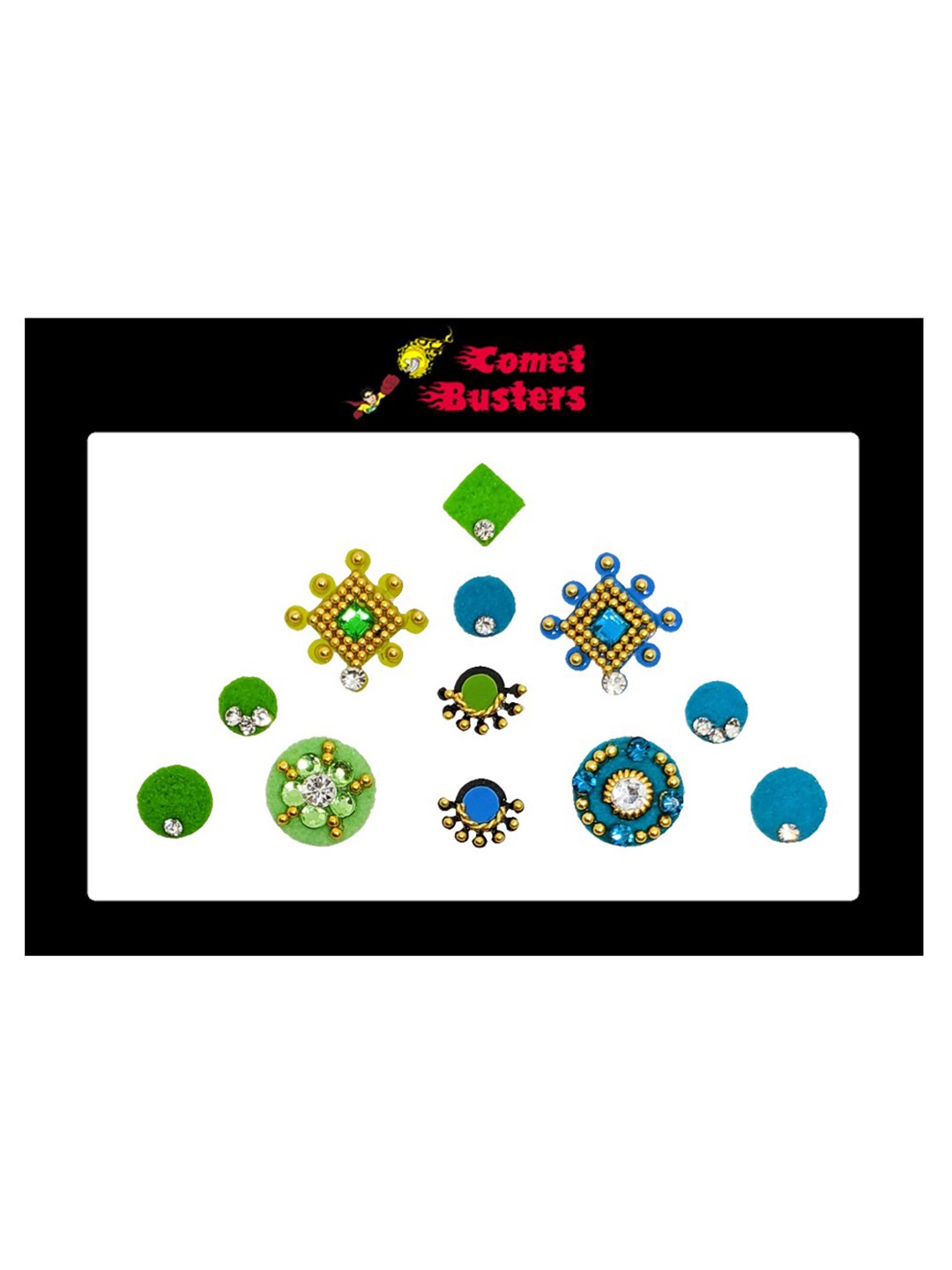 

Comet Busters 12 Pcs Embellished Reusable Designer Bindis - Green & Blue