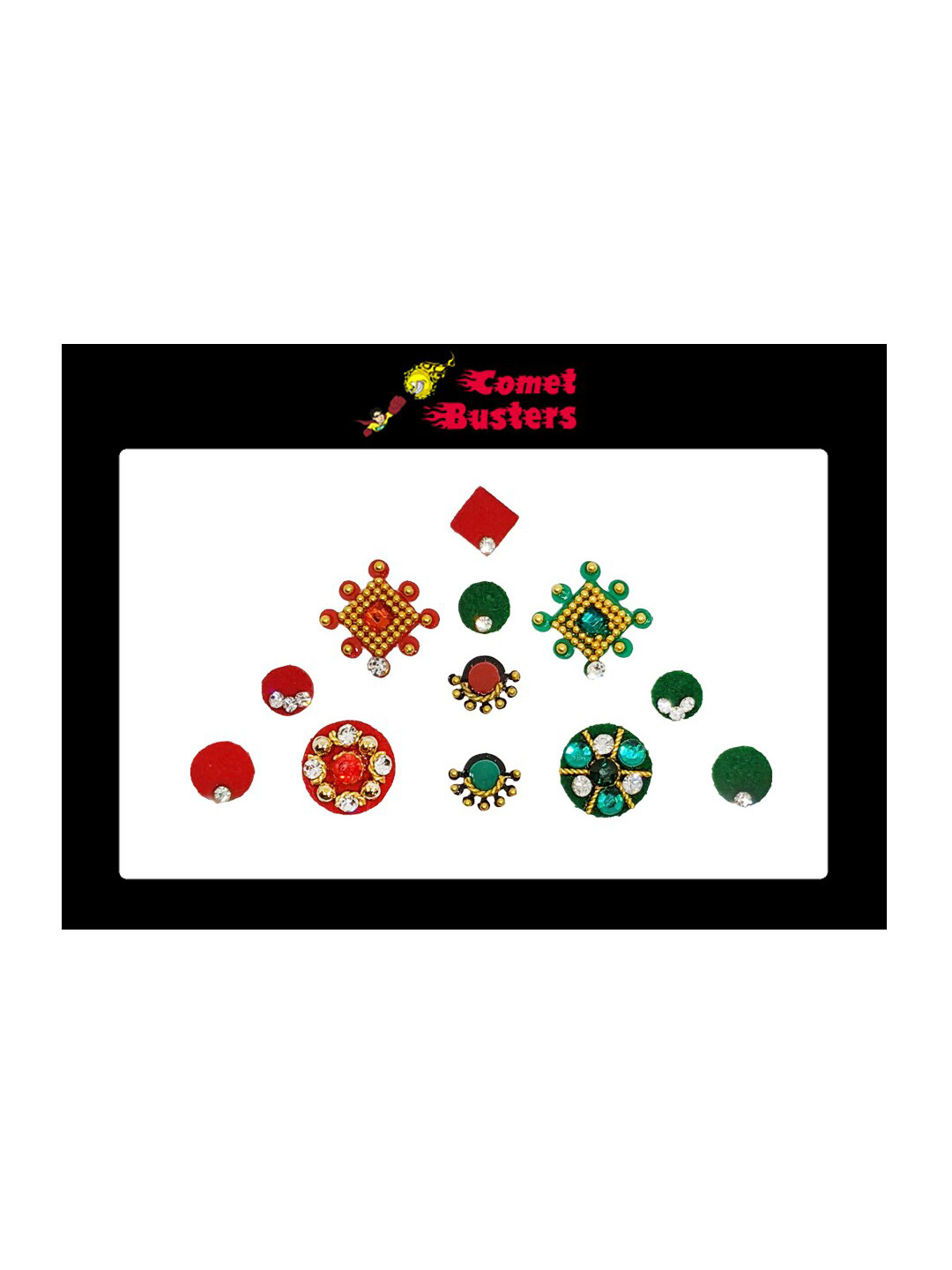 

Comet Busters 12 Pcs Embellished Reusable Designer Bindis - Red & Green