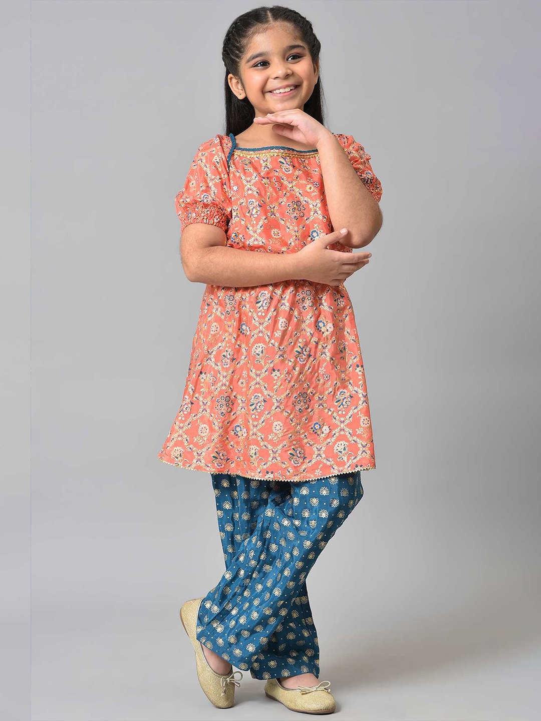 AURELIA Girls Peach-Coloured & Blue Printed Kurta with Palazzos