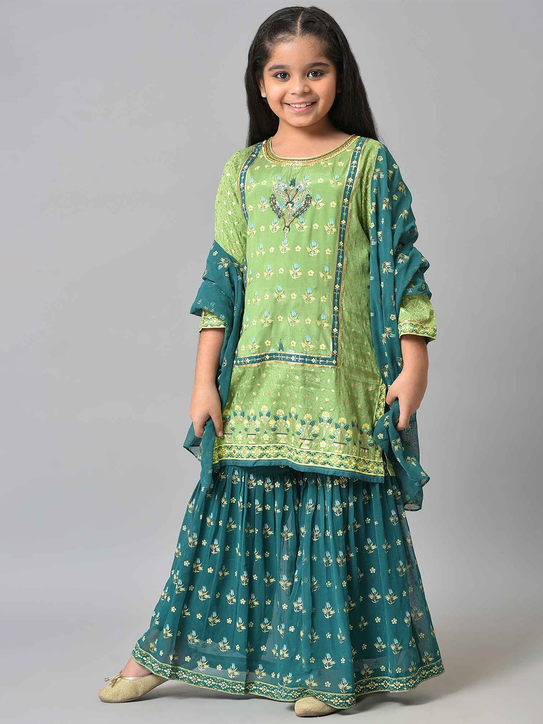 

AURELIA Girls Green & Yellow Printed Kurta & Sharara With Dupatta