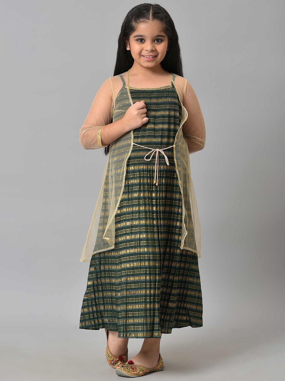 

AURELIA Girls Beige & Green Printed Dress With Jacket