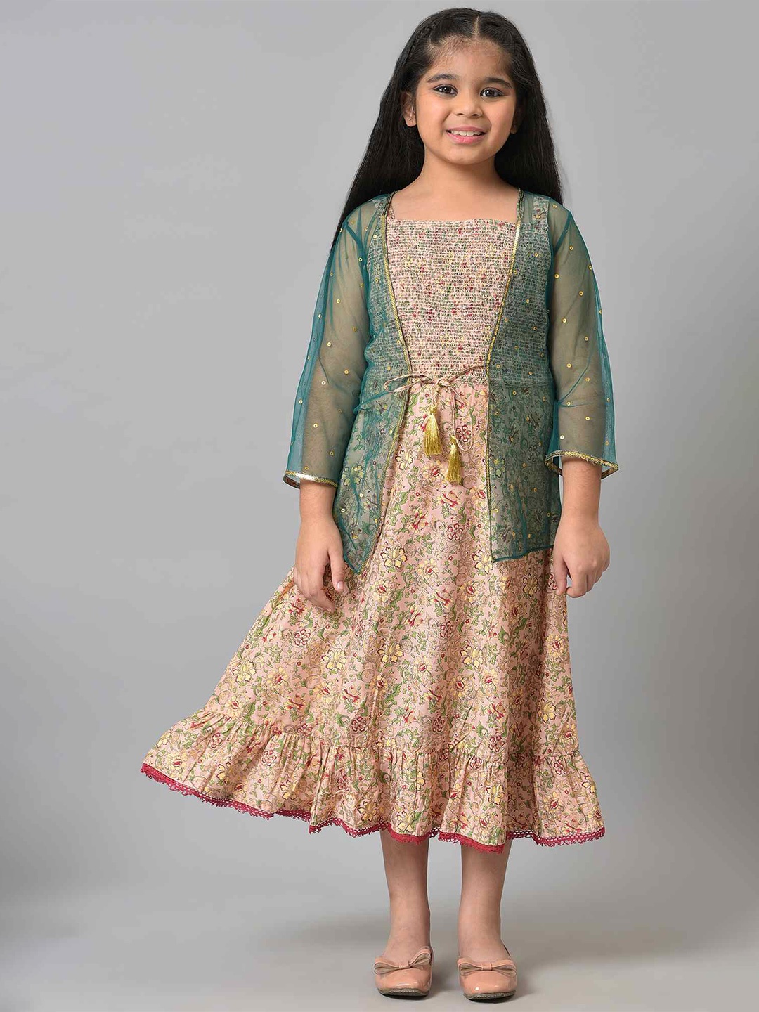 

AURELIA Girls Green & Peach-Coloured Printed Fusion Ethnic Dress With Shrug