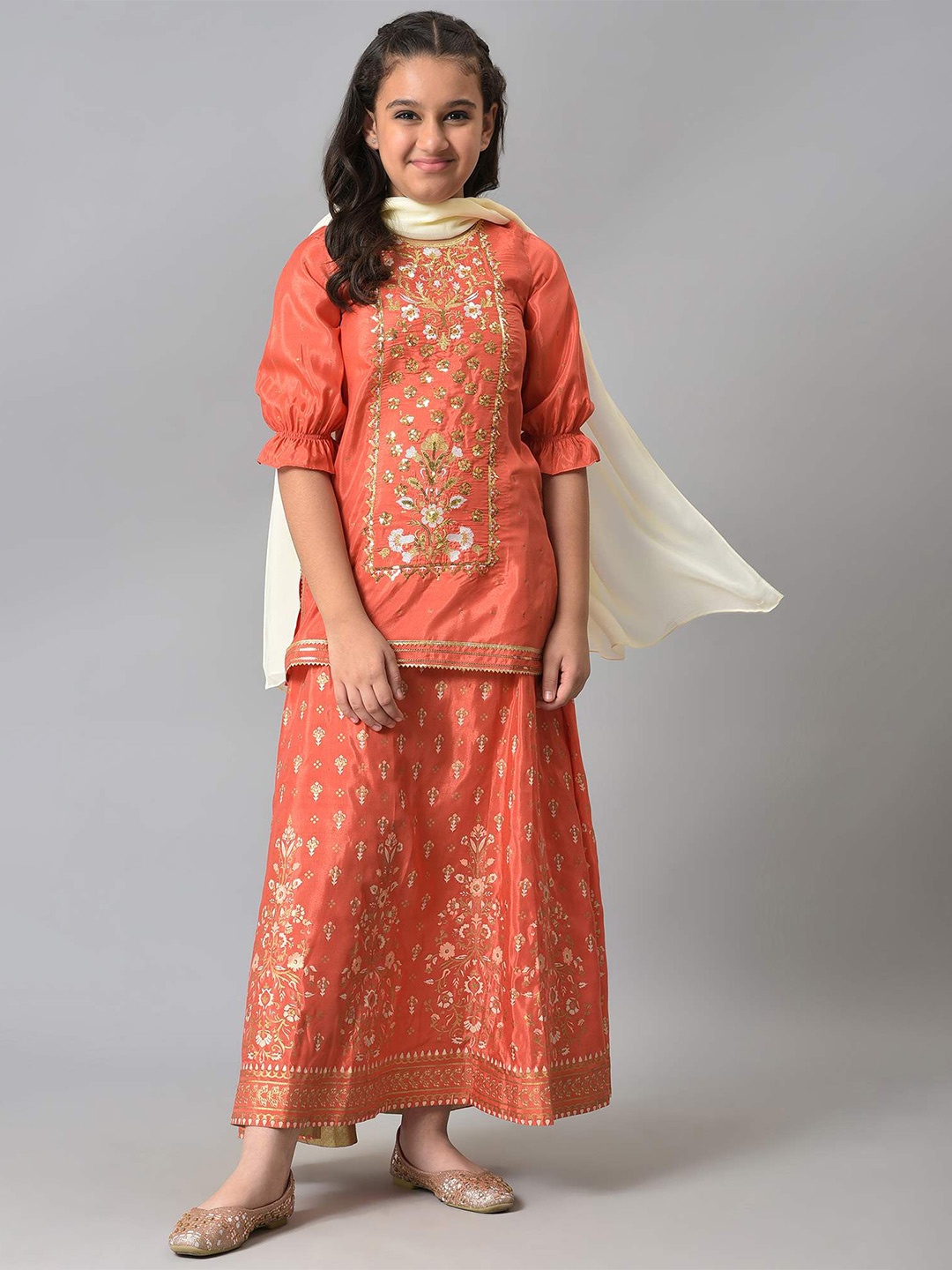 

AURELIA Girls Orange Embroidered Sequinned Kurti with Skirt & With Dupatta Set