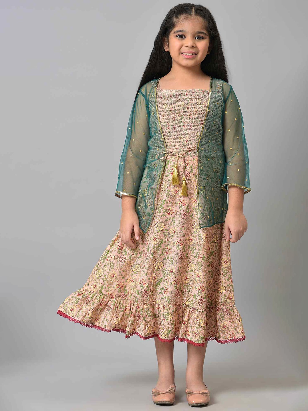 

AURELIA Girls Green & Beige Printed Kurta & Jacket