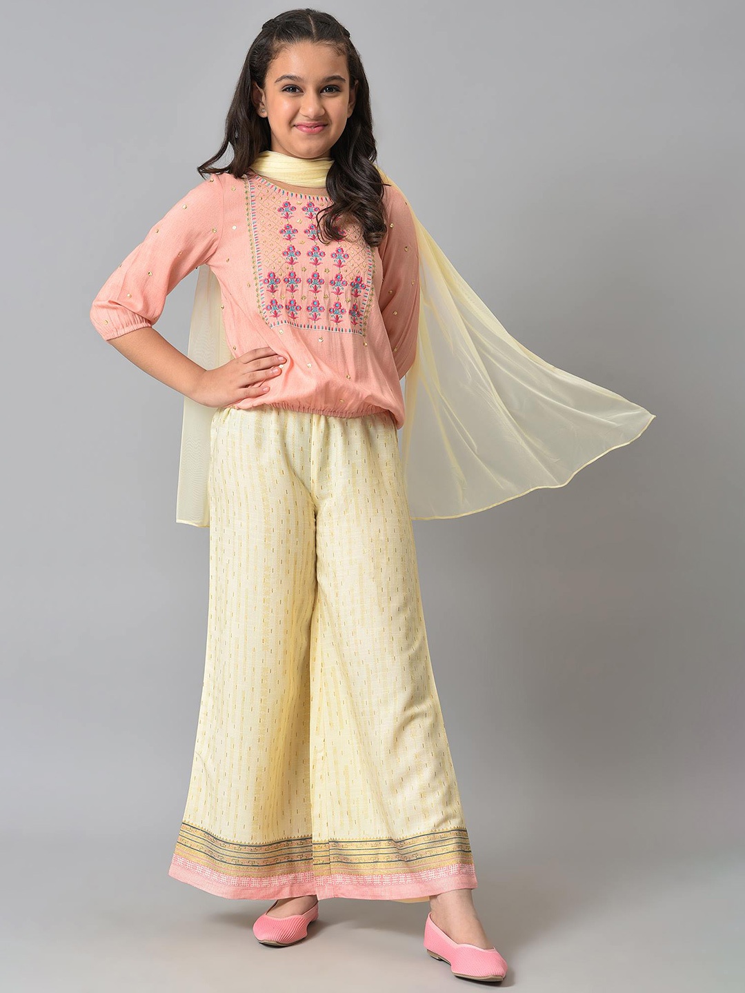 

AURELIA Girls Peach-Coloured Floral Embroidered Thread Work Top with Palazzos & With Dupatta