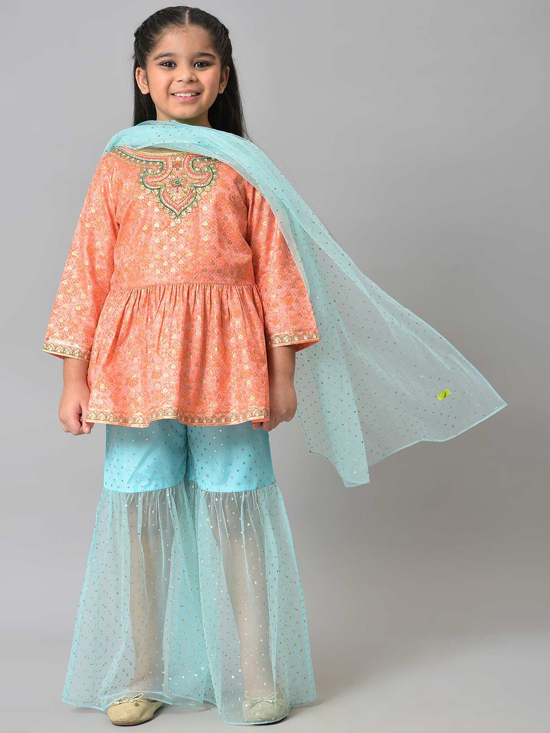 

AURELIA Girls Peach-Coloured & Blue Embellished Top with Sharara and Dupatta set