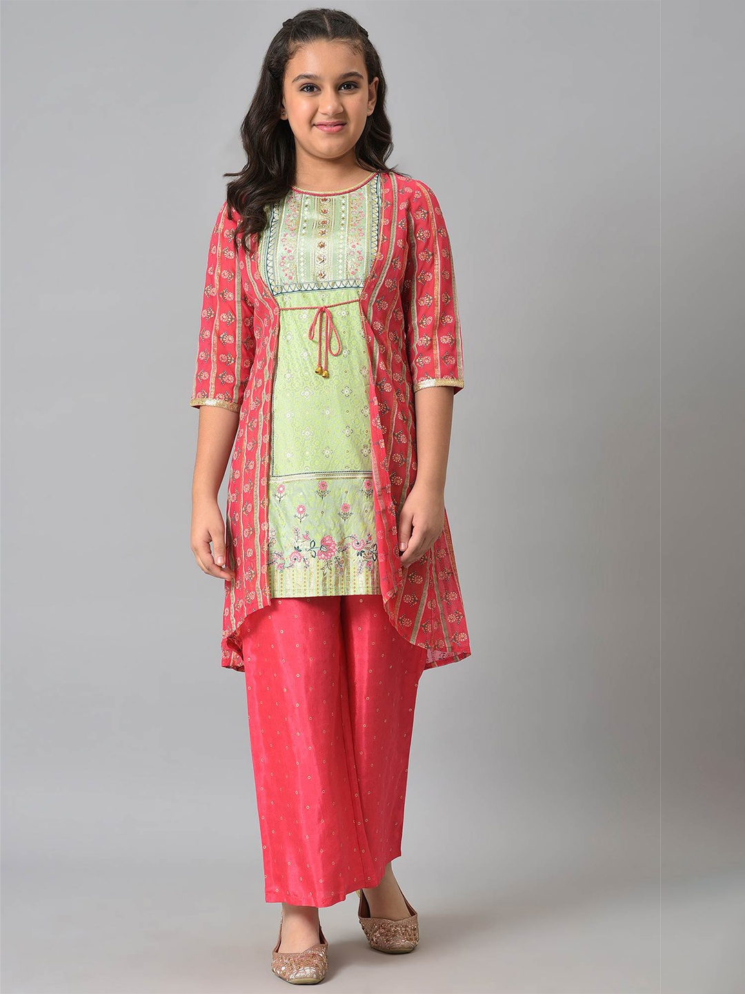 

AURELIA Girls Pink & Green Embroidered Straight Kurta with Palazzos & With Shrug