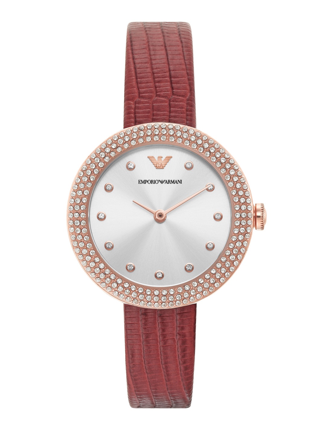 

Emporio Armani Women Silver-Toned Embellished Leather Analogue Watch AR11438