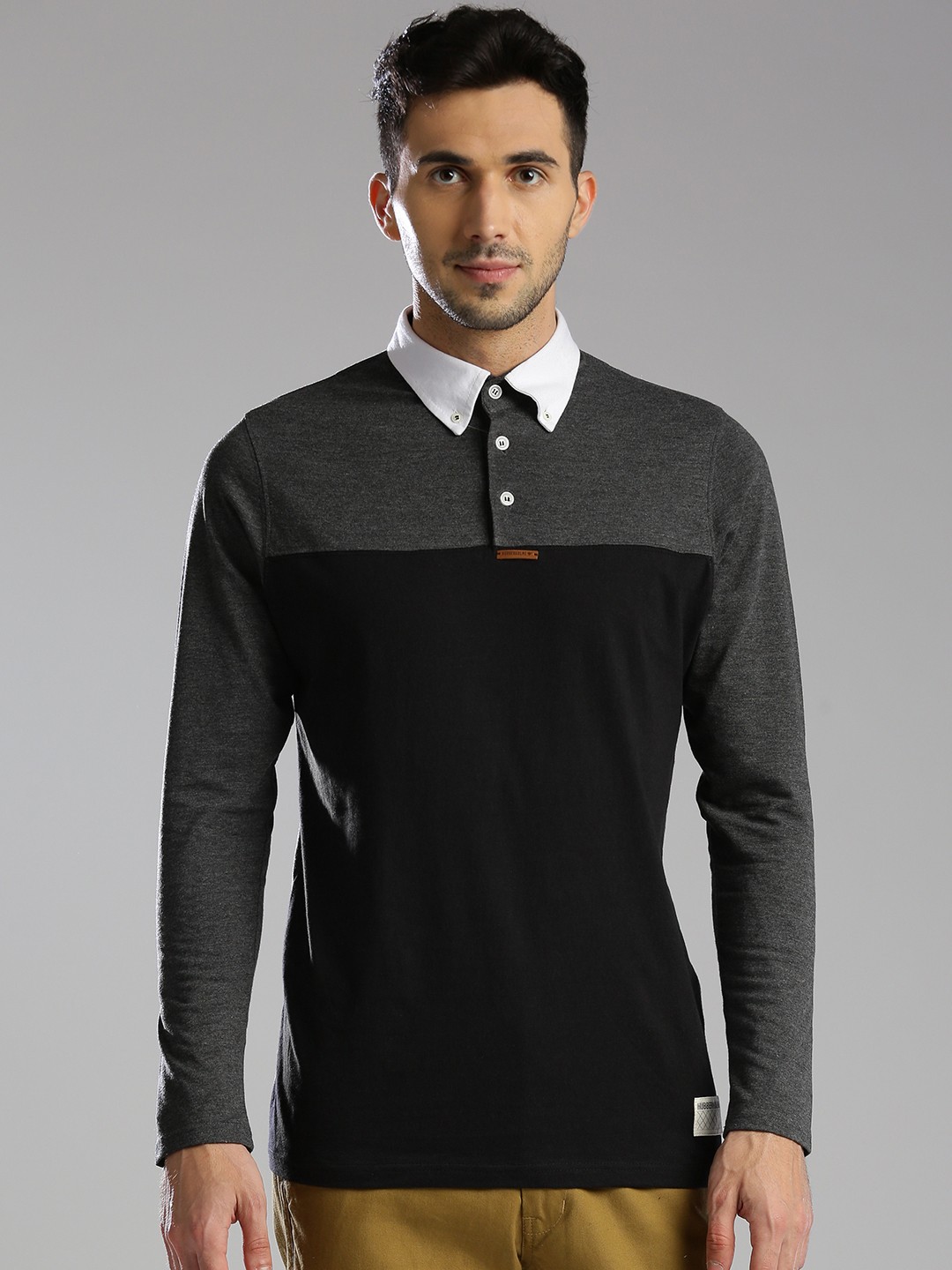 

Hubberholme Men Black Charcoal Grey Colourblocked Polo Pure Cotton T-shirt