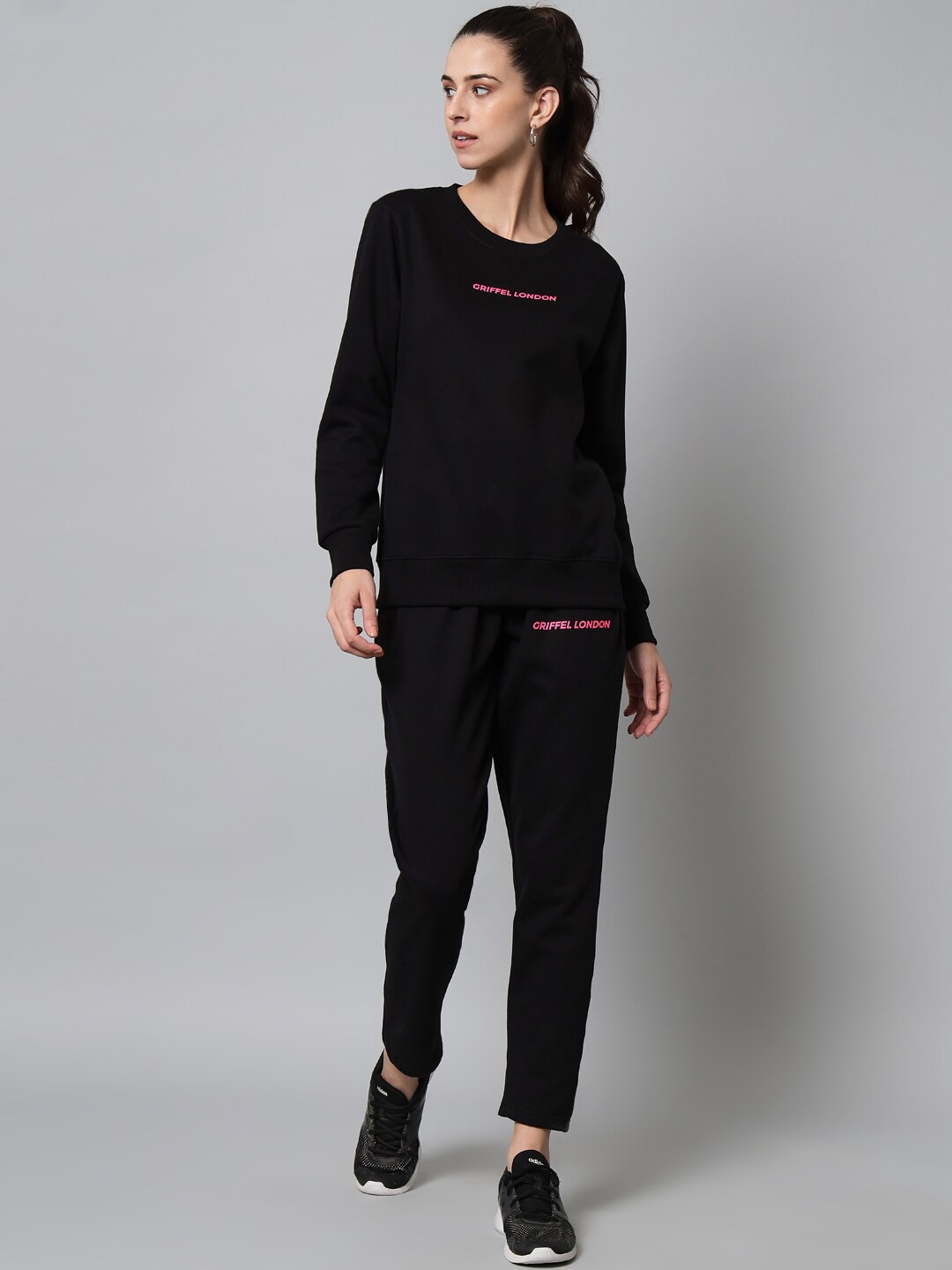 

GRIFFEL Women Black & Pink Logo Printed Cotton Fleece Tracksuit