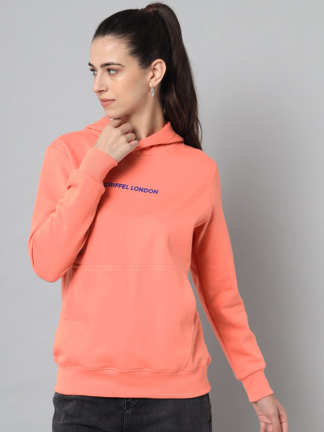 

GRIFFEL Women Peach-Coloured Solid Hooded Sweatshirt