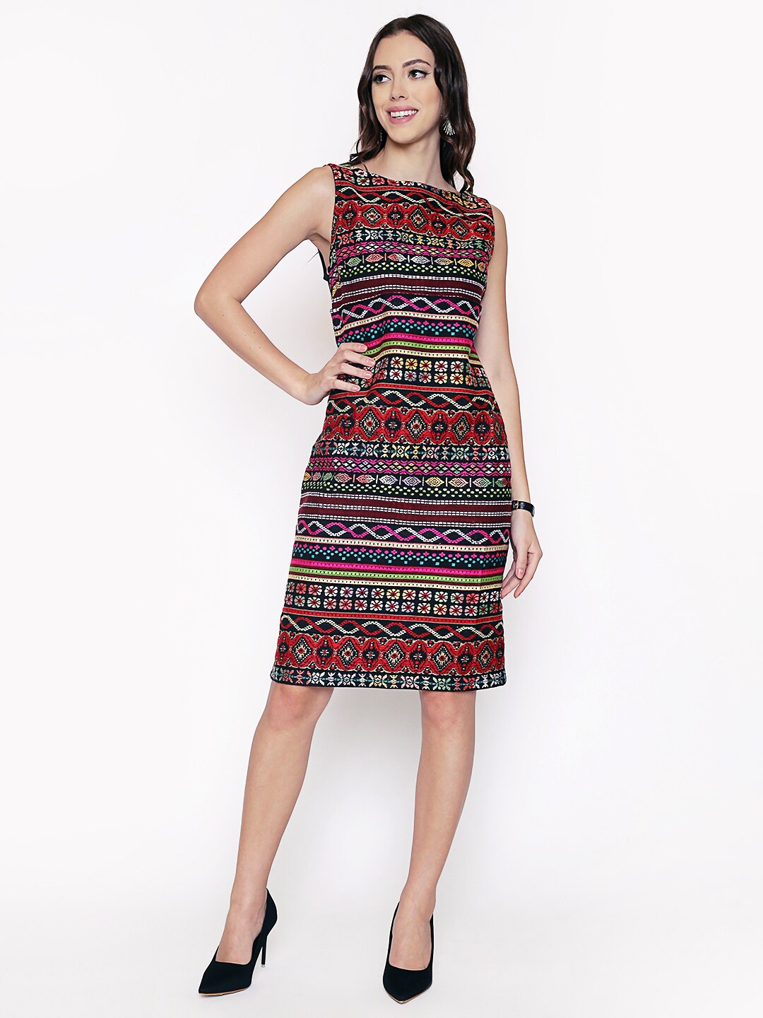 

250 DESIGNS Women Black & Red Tribal Georgette Sheath Dress