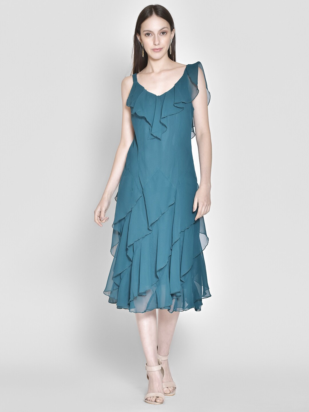 

250 DESIGNS Women Green Solid Layered Georgette Fit & Flare Midi Dress